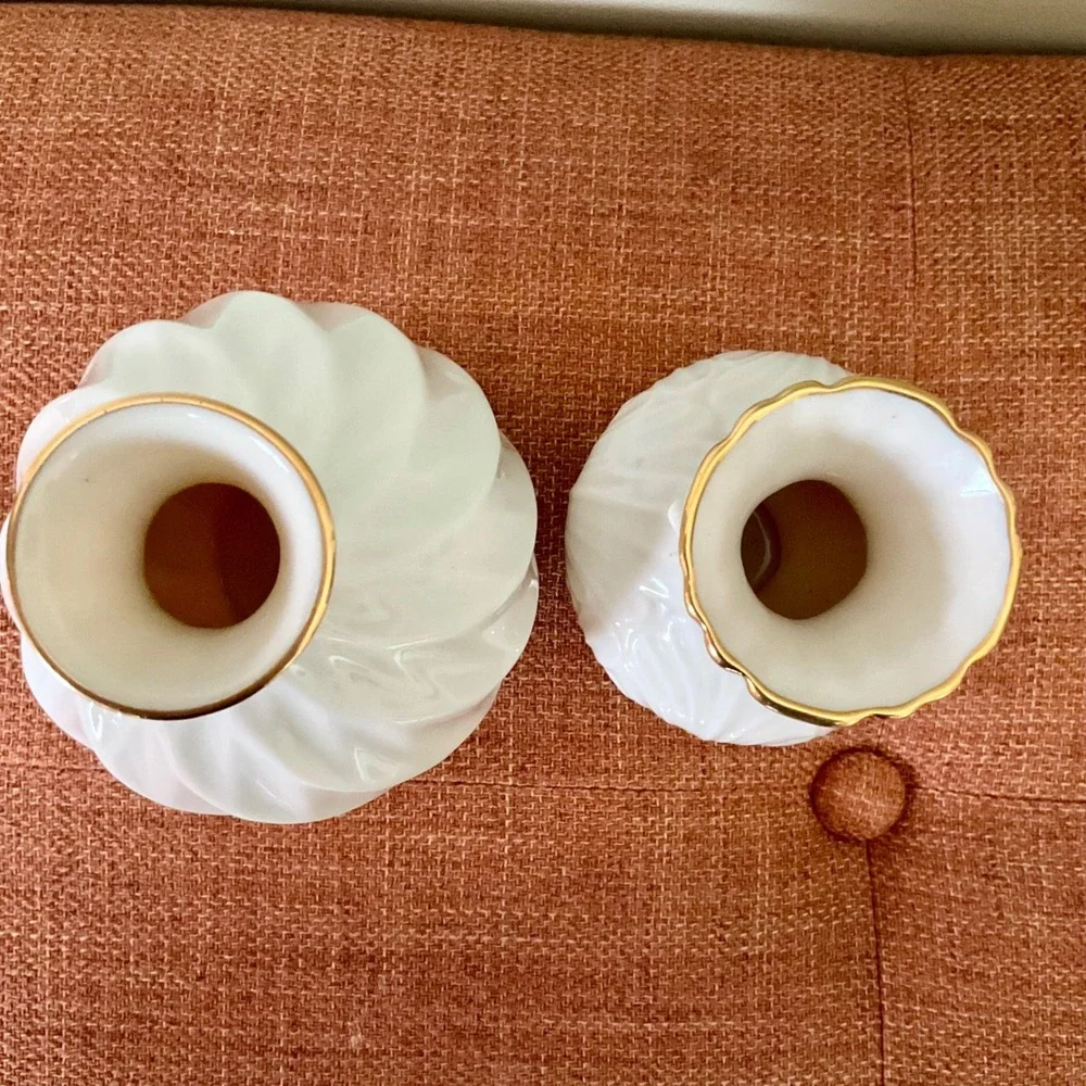 Lenox Ivory Fine China Bud‎ Vase Set 24k Gold Trim Swirl Leaf Embossed Made USA